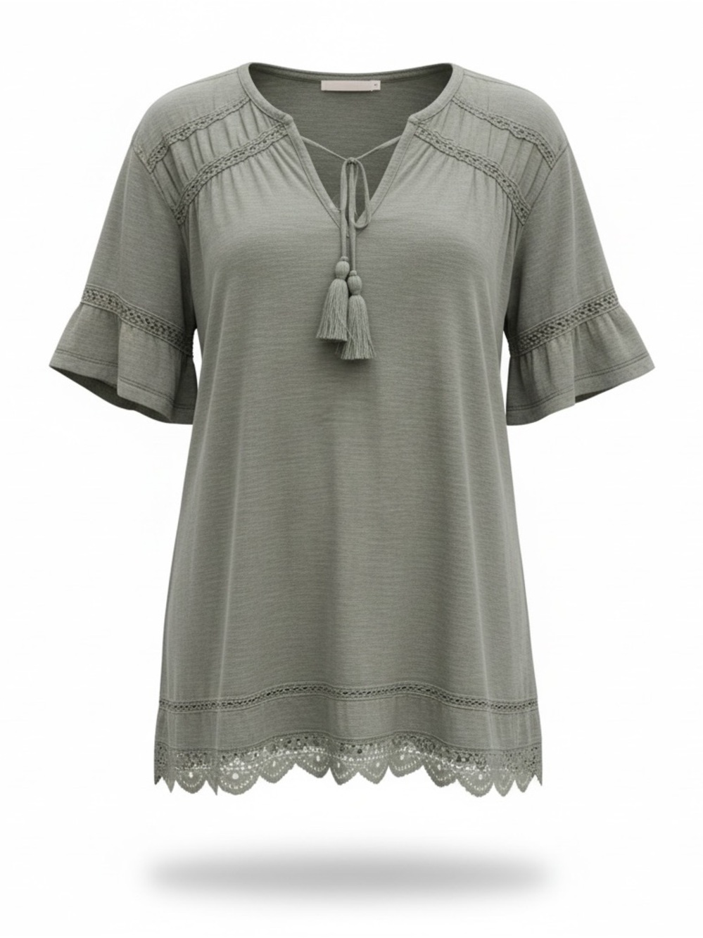 Artesia Size Xl  Blue-Gray Short Sleeve V-Neckline with Tassels